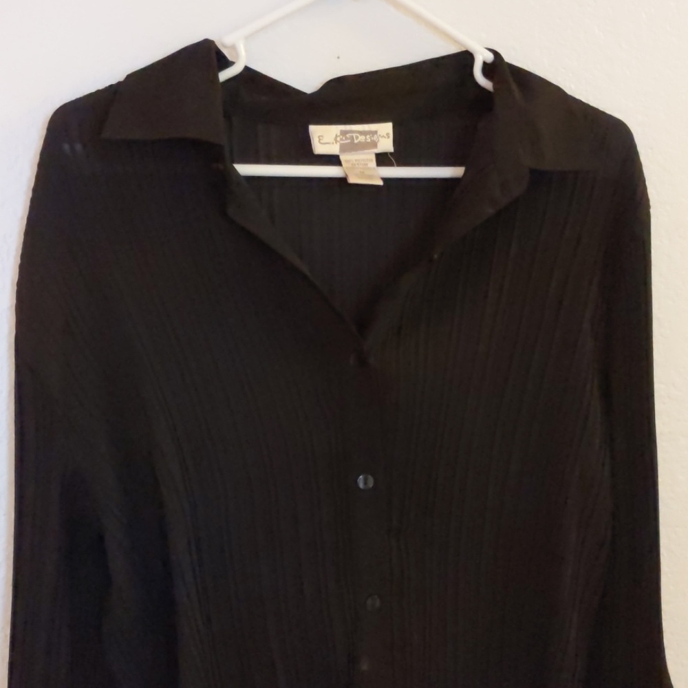 Black button-down shear chiffon flowy blouse top